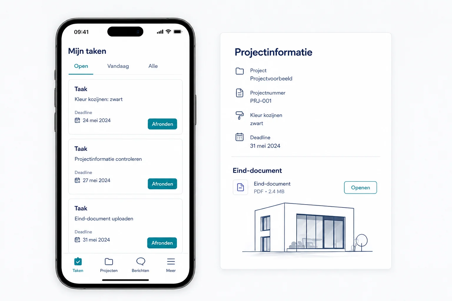 Conceptscherm met Mijn taken op mobiel en de vastgelegde projectinformatie in het dossier