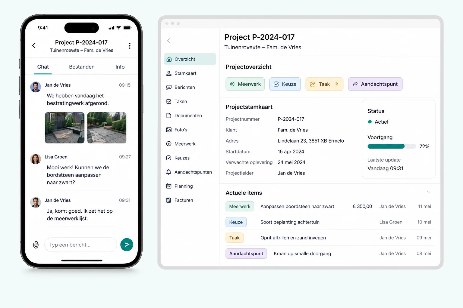 Conceptscherm van het Slim Projectdossier met projectgesprek, meerwerk, taken en projectgegevens