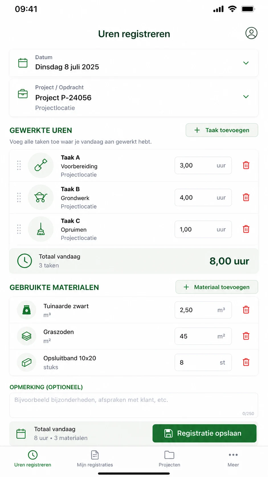 Mobiel scherm voor het registreren van uren en materialen bij een project