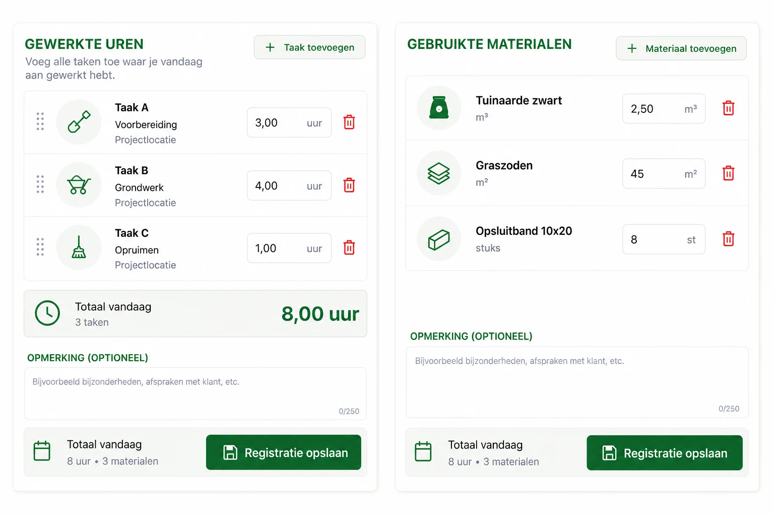 Mobiel scherm voor het registreren van uren en materialen bij een project